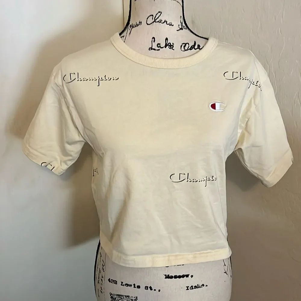 Champion Cream Color Logo Print Design Cropped Top Casual Contemporary Boho